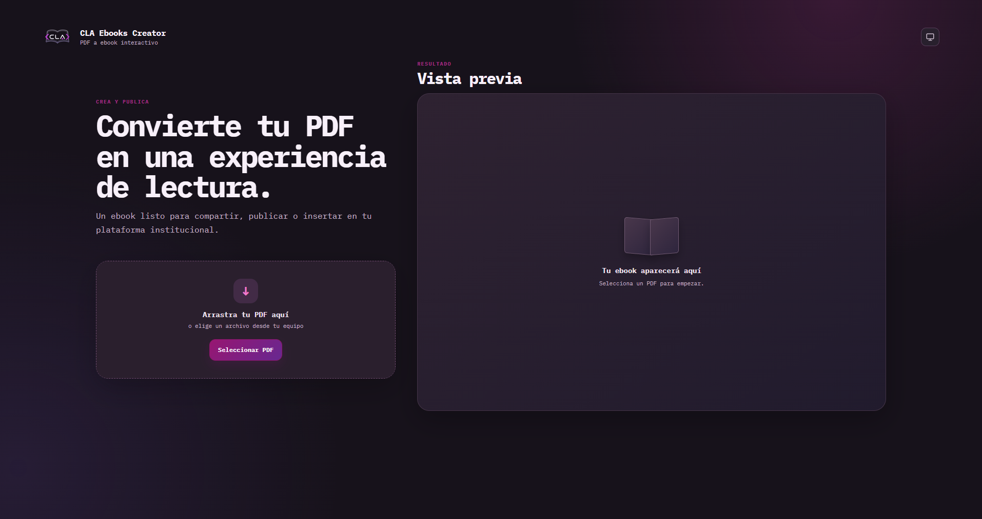 Interfaz de CLA Ebooks Creator en modo oscuro