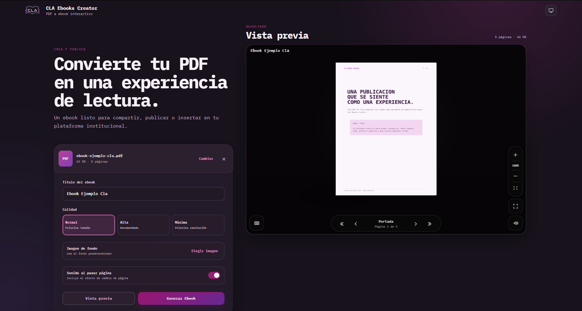 Interfaz de CLA Ebooks Creator en uso en modo oscuro